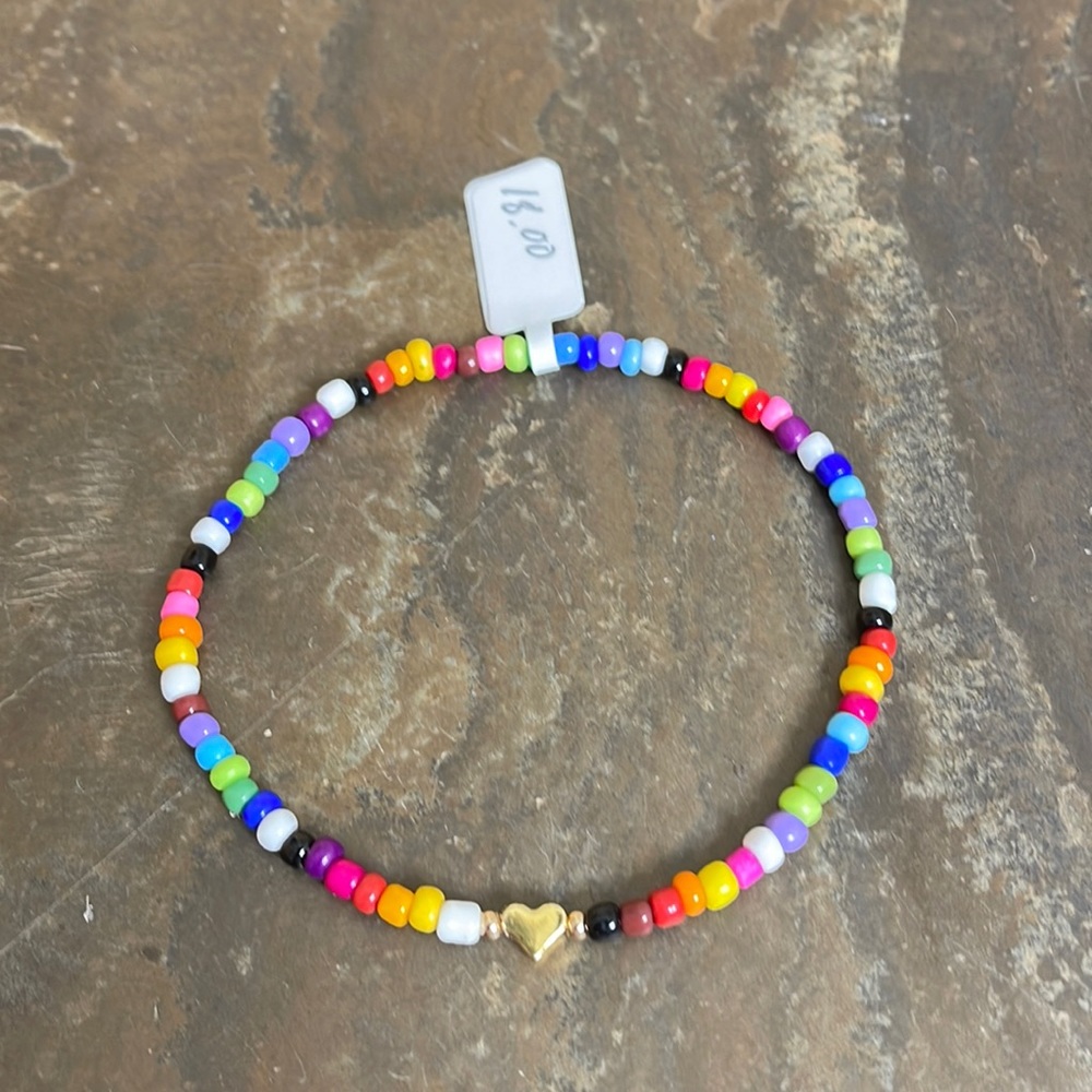 NWT Candy Did It! Handmade Bright Color Beaded Tiny Gold Heart Stretch Anklet